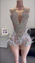 Load and play video in Gallery viewer, Sparkle Birthday Rhinestone mini dress with feather
